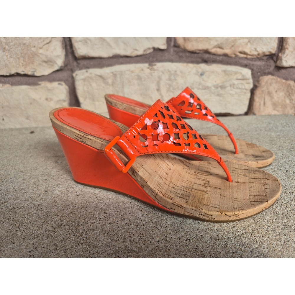 Coach Brookk‎ 7.5 Orange Patent Leather Laser Cut Cork Wedge Sandals Womens